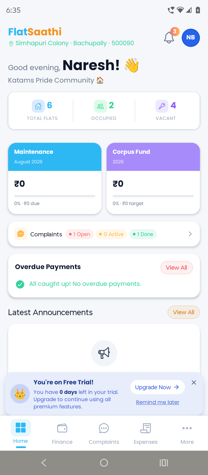 FlatSaathi dashboard screen