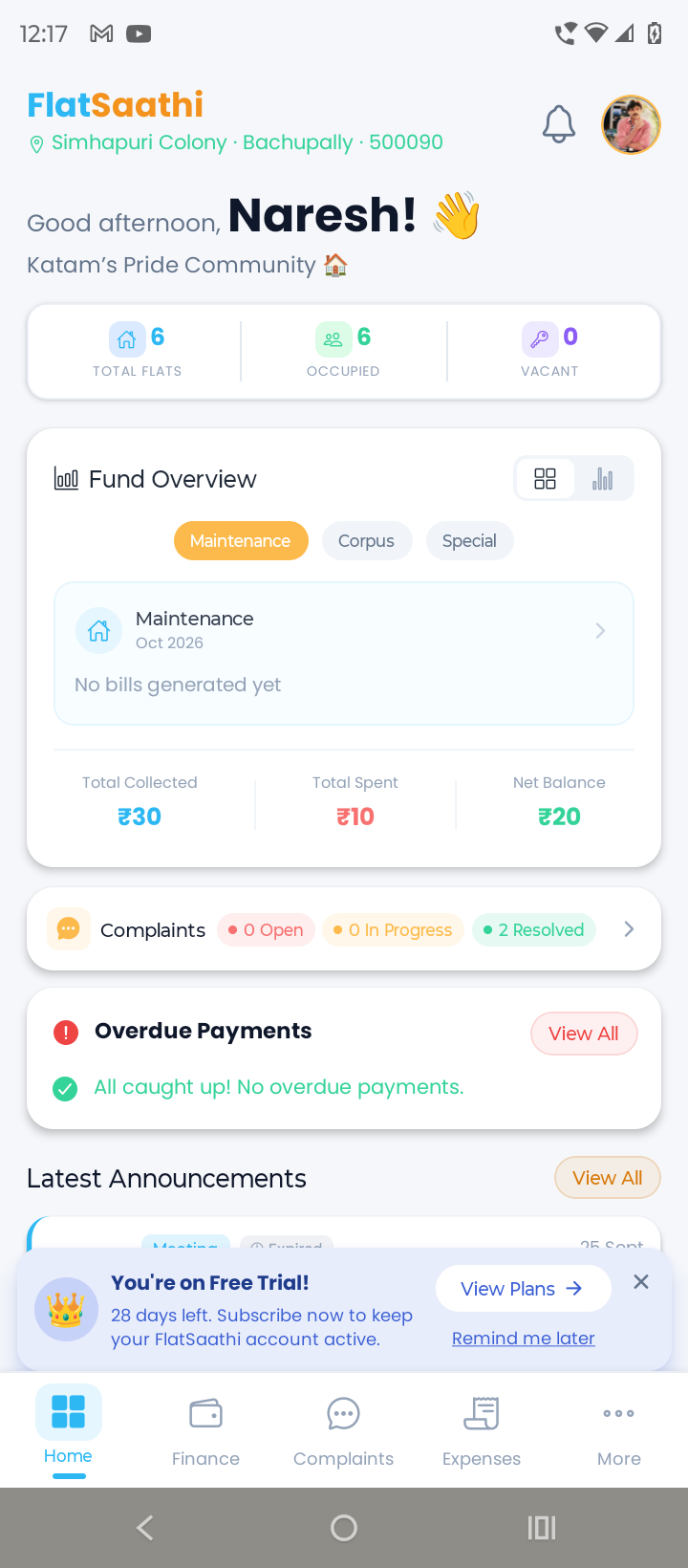 FlatSaathi dashboard screen